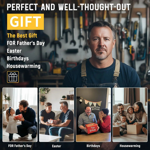 Man with work apron in workshop, with gift ideas for Father's Day, Easter, Birthdays, Housewarming displayed below