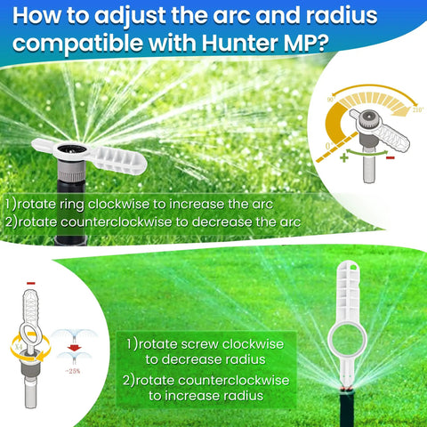 Three Pack Sprinkler Adjustment Tools Kit For Hunter PGP MP And Rain Bird 5000 Heads Including Rotor Adjustment Tool And Wrench Easy Lawn Irrigation Repair For Precise Coverage showing usage instructions