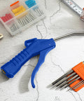 Eight Piece Air Blow Gun Set With Pistol Grip For Air Compressors Industrial And Home Cleaning Tool Kit in dark blue on workbench