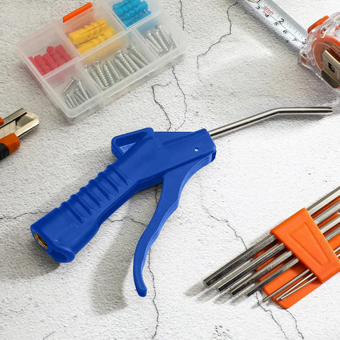Eight Piece Air Blow Gun Set With Pistol Grip For Air Compressors Industrial And Home Cleaning Tool Kit in dark blue on workbench