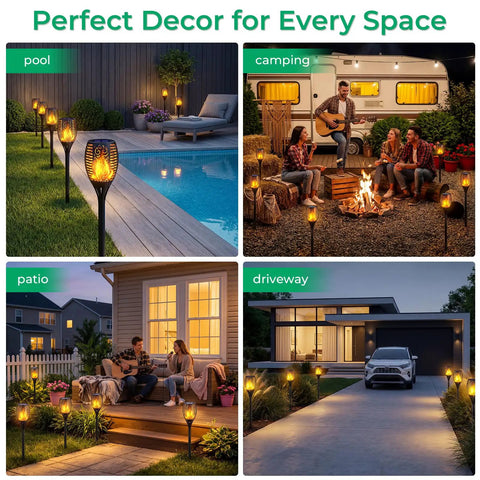 Outdoor Solar Torch Lights Flickering Flame Waterproof Pathway Lighting Six Pack installed around pool, camping area, patio, driveway