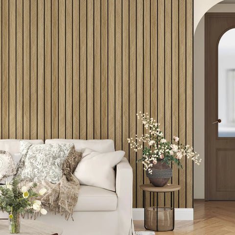 3D Brown Wood Wall Panels Peel And Stick Acoustic Slat Paneling For Bedroom Living Room Office DIY Friendly Easy Install