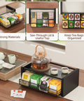 All In One Tea Bag Organizer With Drawers For Kitchen Countertop And Office Wooden Tea Station with visible compartments and lid