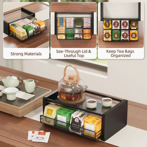 All In One Tea Bag Organizer With Drawers For Kitchen Countertop And Office Wooden Tea Station with visible compartments and lid