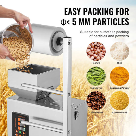 Straight Up Automatic Weighing And Sealing Bag Packing Machine For Flours Beans Grains 1 To 100 Grams in use, pouring soybeans into hopper.