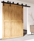 Black Rustic Double Track U Shape Bypass Sliding Barn Door Hardware Kit For Two Doors, 4.5Ft Long Flat Track, Installed View