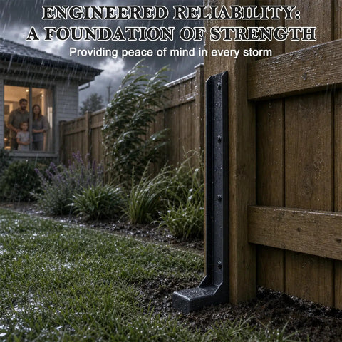 Tough As Nails Fence Post Repair Kit with Heavy Duty Steel Anchor Stakes for broken 4X4 and 6X6 wood posts in the rain.
