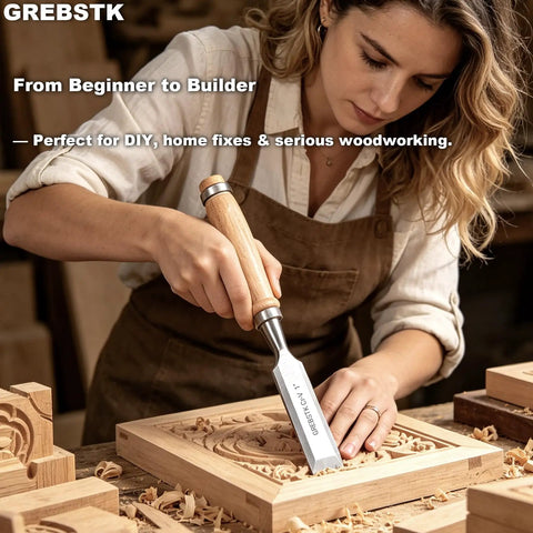Craftsperson using 4 Piece Ultra Sharp Wood Chisel Set With CR V Steel Beveled Blades And Guards for carving intricate pattern