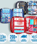 Front view of EVERLIT Care Rescue Pack rainbow three-sleeve first aid kit opened to reveal 200+ medical supplies.
