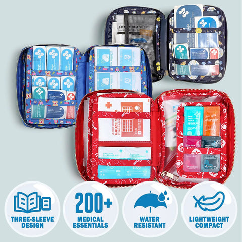Front view of EVERLIT Care Rescue Pack rainbow three-sleeve first aid kit opened to reveal 200+ medical supplies.