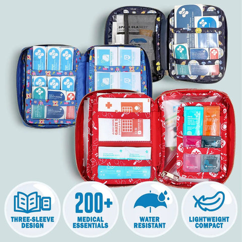 Family Friendly First Aid Kit With 200 Essentials For Kids, Travel Ready In A Compact Storage Bag, open with visible supplies