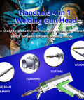 Handheld 4 in 1 Welding Gun Head with interchangeable nozzles for cleaning, cutting, and welding operations in heavy-duty projects.
