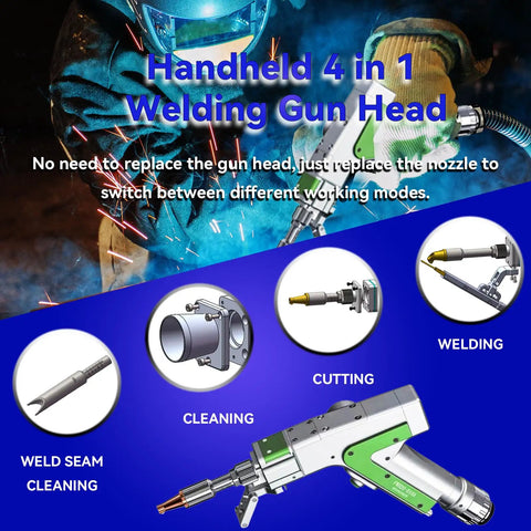 Handheld 4 in 1 Welding Gun Head with interchangeable nozzles for cleaning, cutting, and welding operations in heavy-duty projects.