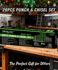 Box of 28 Piece Punch and Chisel Set for automotive metalworking tasks on a workshop table, pro-grade chrome vanadium tools visible.