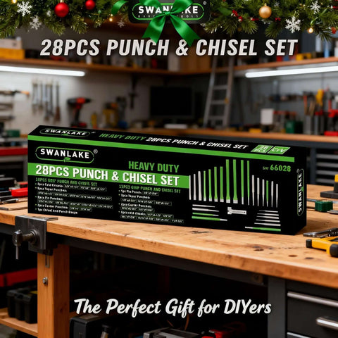 Box of 28 Piece Punch and Chisel Set for automotive metalworking tasks on a workshop table, pro-grade chrome vanadium tools visible.