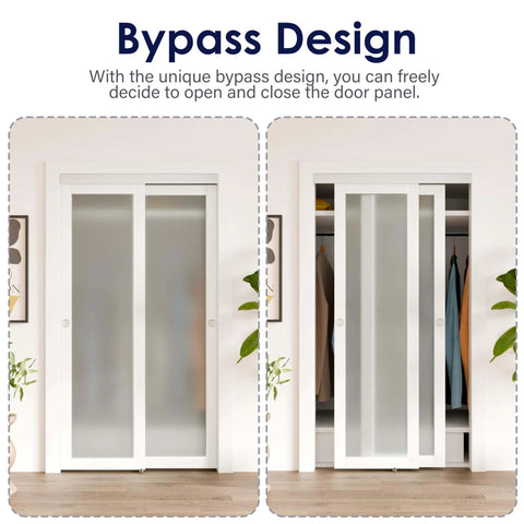 Front view of installed 60 Inch Bypass Sliding Door Hardware Kit for Closets and Living Spaces, silver aluminum rail, in use.