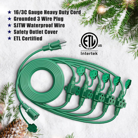 50 Foot Outdoor Extension Cord With Six Evenly Spaced Outlets and Waterproof Cover, 16AWG 3C SJTW, ETL Listed, coiled in snowy scene