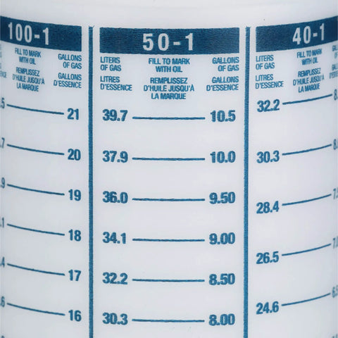 Wide Mouth One Quart Marine Fuel And Oil Mixing Bottle For Quick Precise Two Stroke Engine Ratios Like One Hundred To One Fifty To One Twenty Four To One And Ten To One With Clear Gallon And Liter Level Marks