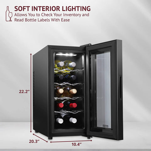 Thermoelectric 10 Bottle Wine Cooler For Red And White Wines With Digital Temperature Display Freestanding Countertop Wine Cellar Smoky Glass Door Quiet Operation Energy Efficient Beverage Storage For Your Home Bar Go To Pick, open view with bottles