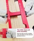 Pro Grade Heavy Duty Aluminum Door Hinge Router Jig With Scale Adjustable Mortise Template Kit in use, showing side view with scale.