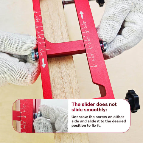 Pro Grade Heavy Duty Aluminum Door Hinge Router Jig With Scale Adjustable Mortise Template Kit in use, showing side view with scale.