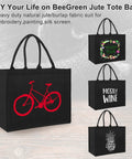 Six Pack Black Burlap Tote Bags With Big Handles And Inner Zipper Pocket Large Beach Style Jute Tote Bags displayed with prints.