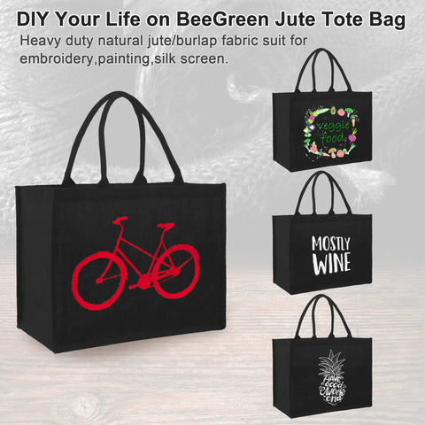 Six Pack Black Burlap Tote Bags With Big Handles And Inner Zipper Pocket Large Beach Style Jute Tote Bags displayed with prints.
