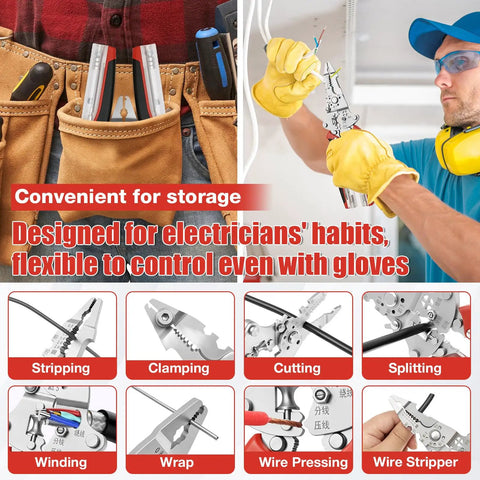 16 In 1 Folding Wire Stripper And Electrician Multi Tool Heavy Duty Pliers With Voltage Tester 12 To 250V for gloved wire stripping