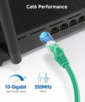 10Gbps Snagless Cat6 Ethernet Cable 5ft Multi Color Set connected to router for fast LAN connections, showing green cable.