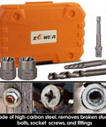 25 Piece Screw And Bolt Extractor Set With Left Hand Drill Bit Included For Removing Damaged Stripped Bolts Screws Nuts Studs And Fittings Pro Grade Multi Spline Easy Out Tools Built From High Hardness Chromium Molybdenum Steel For Maximum Grip shown with drill bits, extractors, and case