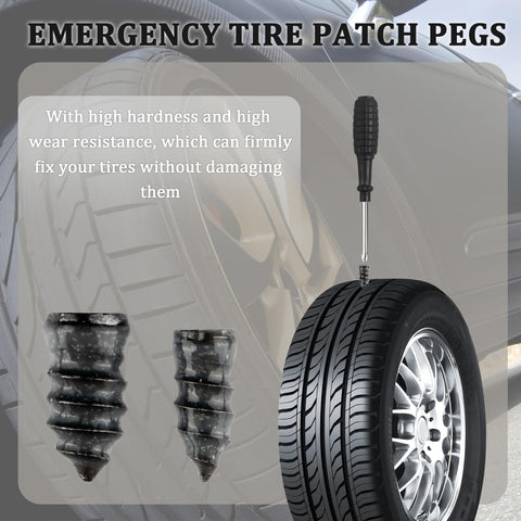 35 Piece Tire Plug Kit With Screwdriver For Fast Flat Tire Repair Self Service Puncture Nails Kit For Car Motorcycle Truck Durable On Road Rescue Ready Now, showing tire patch pegs and screwdriver next to wheel.