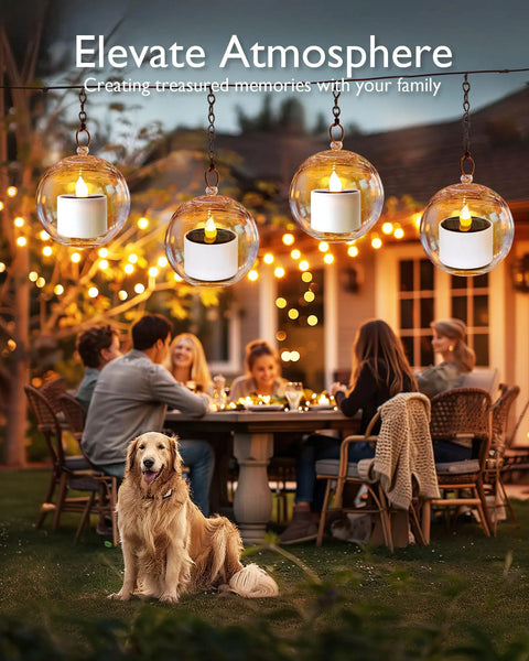 Solar Powered LED Tea Light Candles Pack Of 6 Waterproof Dusk To Dawn lighting outdoor dinner scene with lanterns