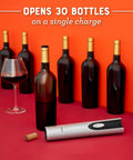 Cordless Electric Wine Opener With Automatic Cork Extractor And Precision Foil Cutter With Rechargeable Base Delivers Smooth Operation And Quick Releases For Zero Sweat Entertaining next to wine bottles and glass.