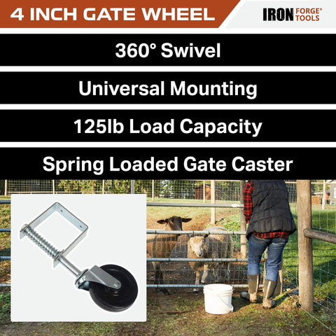 4 Inch Hard Rubber Gate Wheel With 360 Degree Swivel And Spring Loaded Mount For Wooden Gates, Heavy Duty Gate Caster