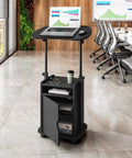 Adjustable Laptop Cart With Storage Rolling Mobile Workstation Desk, black with open cabinet, in office setup with locking wheels.