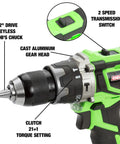 Close-up of 20V Max Brushless Hammer Drill with keyless chuck, aluminum gear head, and torque settings for masonry use.