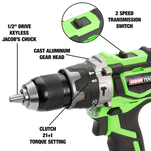 Close-up of 20V Max Brushless Hammer Drill with keyless chuck, aluminum gear head, and torque settings for masonry use.