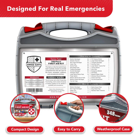 Swiss Safe 348-Piece First Aid Kit in large gray hard case with red latches (front view).