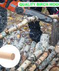High Quality Game Changer Birch Dowel Rods For Craft Setup And Tiered Display 3/16 Inch X 15 Inch Pack Of Fifty Smooth Wood Sticks being cut from birch logs.