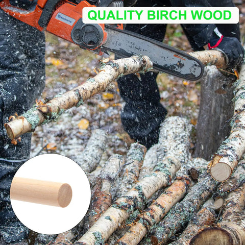 High Quality Game Changer Birch Dowel Rods For Craft Setup And Tiered Display 3/16 Inch X 15 Inch Pack Of Fifty Smooth Wood Sticks being cut from birch logs.