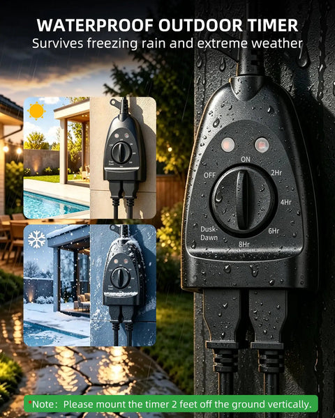 Slick Weatherproof Outdoor Light Timer With Dusk To Dawn Automatic Control and Two Grounded Outlet Plugs for easy outdoor electrical use.
