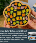 Hand holding mosaic with black background, colorful tiles; jar of Mosaic Grout For Crafts Black 400g Quick Dry Crystal Tile Grout visible.