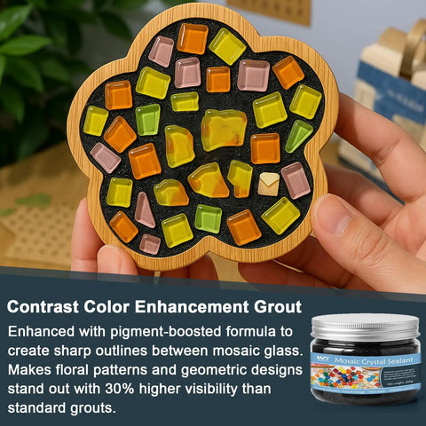 Hand holding mosaic with black background, colorful tiles; jar of Mosaic Grout For Crafts Black 400g Quick Dry Crystal Tile Grout visible.