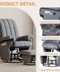 360 Degree Swivel Glider Recliner Chair With Ottoman And Double Side Pockets, thick seat, armrest pads, and stable metal frame.