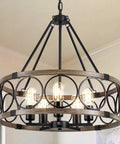 Modern Farmhouse 8 Light Black And Gold Chandelier With Adjustable Rod For Dining Room Pendant Light Fixture, circular metal frame.