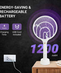 Electric Fly Zapper Racket Two Pack 3000V Rechargeable Bug Killer displayed on stand with USB charging capability.
