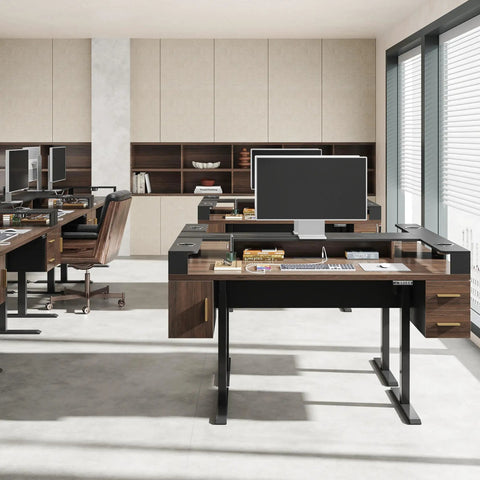 61 Inch Electric Adjustable Standing Desk With Two Smooth Glide Drawers And Latched Storage Cabinet in a modern office setting.