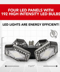 QuadBurst LED Ceiling Light With 4 Adjustable Aluminum Panels 80W 5500 Lumens shown with size dimensions and energy efficiency