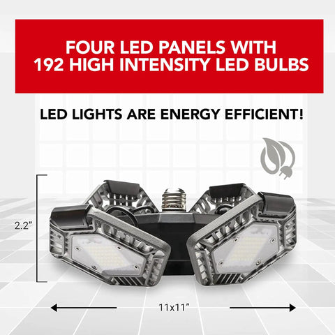 QuadBurst LED Ceiling Light With 4 Adjustable Aluminum Panels 80W 5500 Lumens shown with size dimensions and energy efficiency