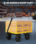 Beast 1400 Pound Garden Dump Cart 3 In 1 Yard Wagon with boxes, removable side panels, and 13 inch all terrain tires in warehouse